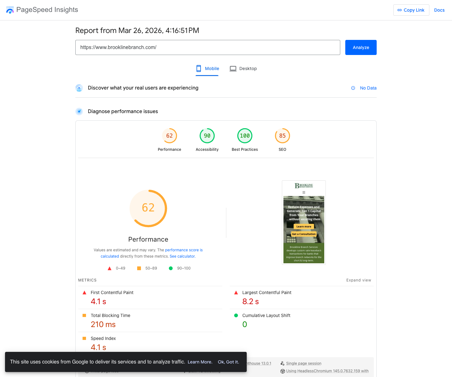 PageSpeed Insights results for brooklinebranch.com