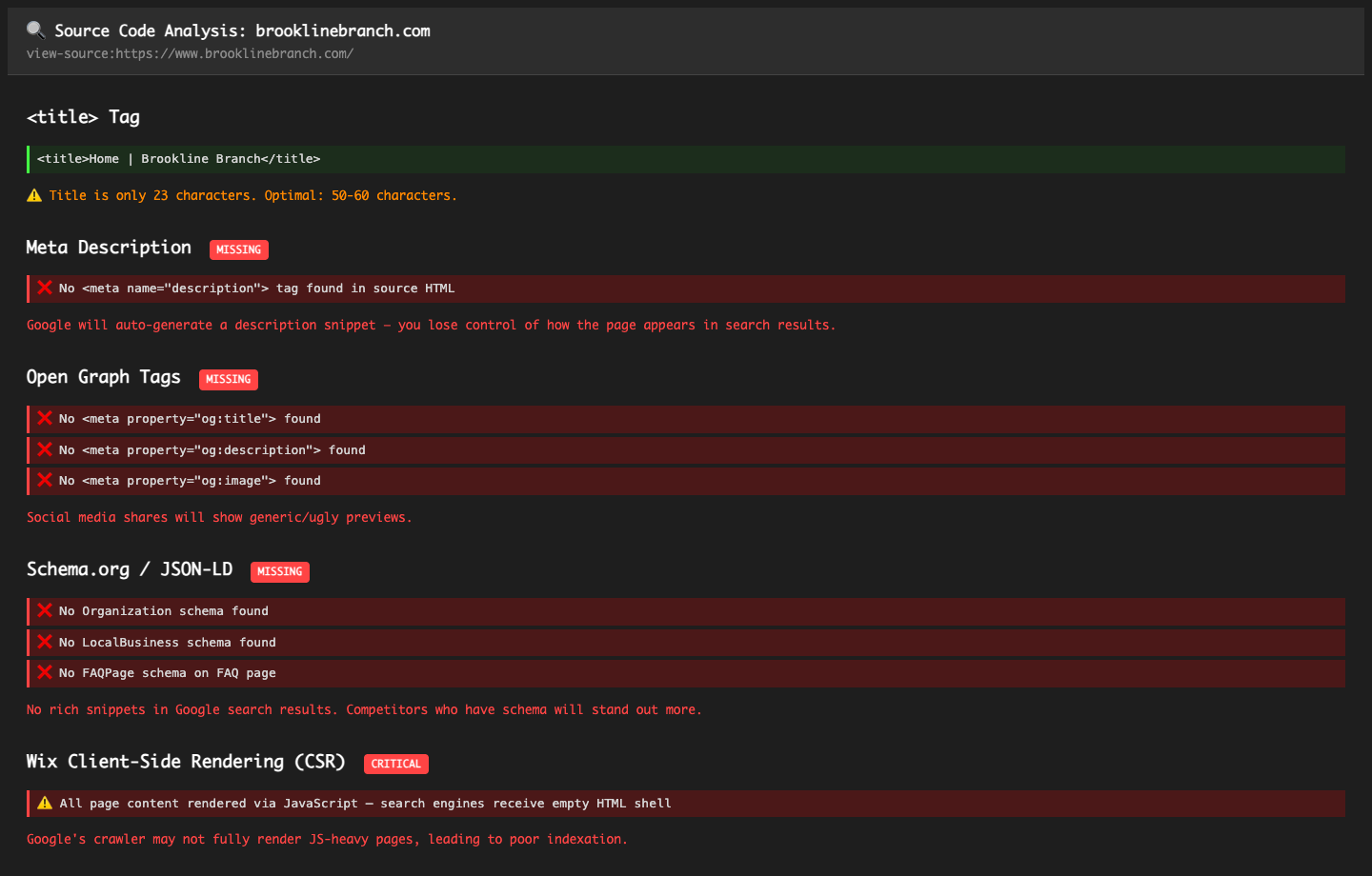 Source code analysis showing missing meta tags